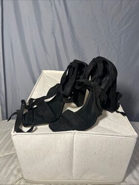 SHEIN Black Suede Lace-Up Block Heel Sandals